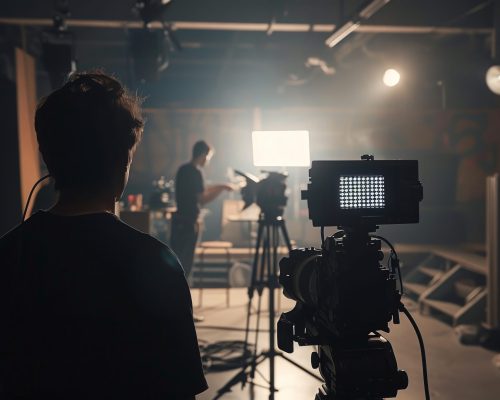 A man stands in front of a camera with a light shining on him. He is wearing a black shirt and he is a director or a cameraman. The scene is set in a dark room with a spotlight on the man