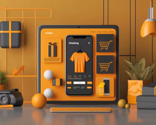 Stylish 3d illustration of a mobile shopping app interface with trendy orange gadgets